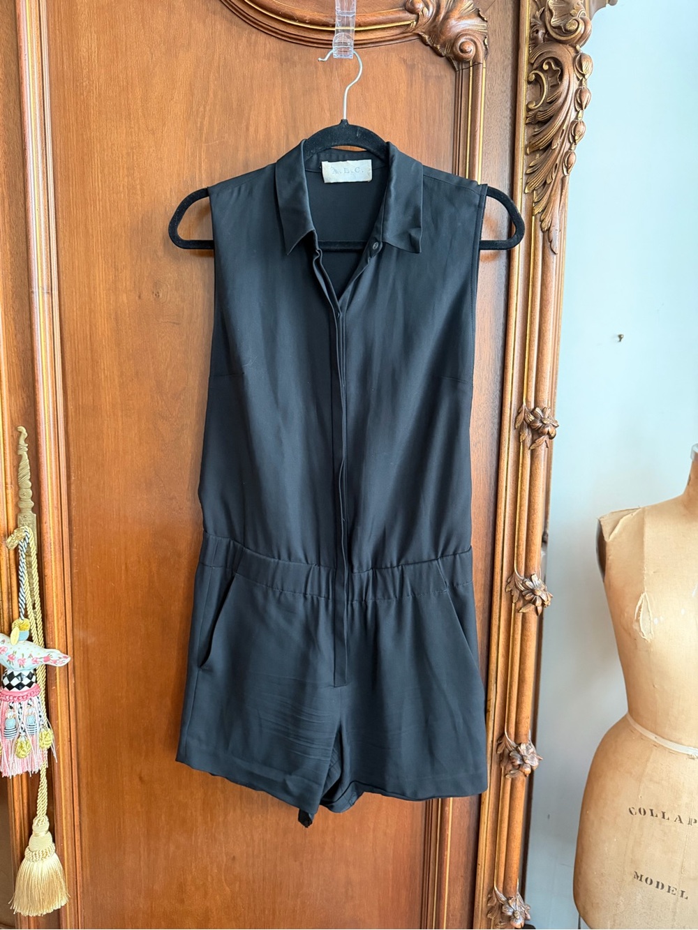 A.L.C Black Sleeveless Jumpsuit Romper with Button-up Front and Pockets
